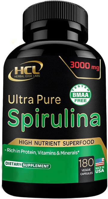Organic Spirulina Powder Capsules 3000 mg - Purest Non-Irradiated Blue Green Algae - Best Raw Vegan Protein - Green Superfood - Natural Multivitamins ? 180 Pills Made in The USA
