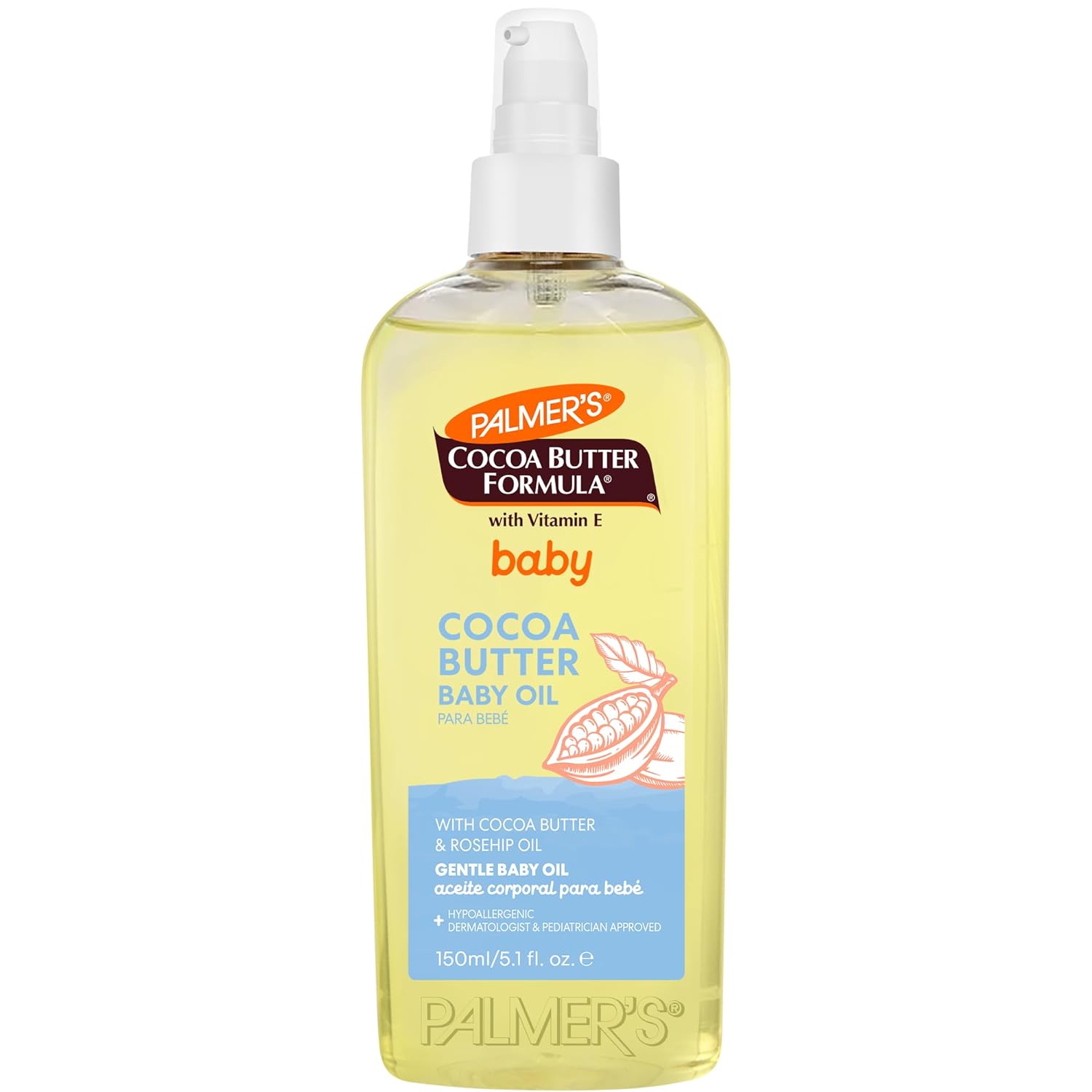 Palmer's Baby Oil, Cocoa Butter Formula Gentle Body Oil, 5.1 fl oz, Nourishing Massage Oil for Delicate Skin with Vitamin E & Argan Oil, 48-Hrs Moisture, Dermatologist Tested Baby Essentials