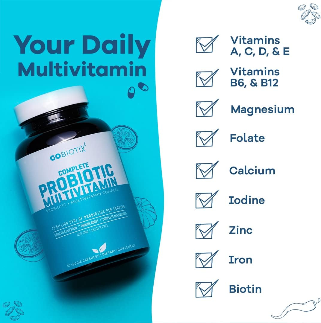 GOBIOTIX Probiotic Multivitamin Supplement - Daily Multivitamins with Probiotics - 25 Billion CFU - Boost Immunity and Digestive Health, Probiotics for Women and Men - Gluten Free Pills - 90 Capsules : Health & Household