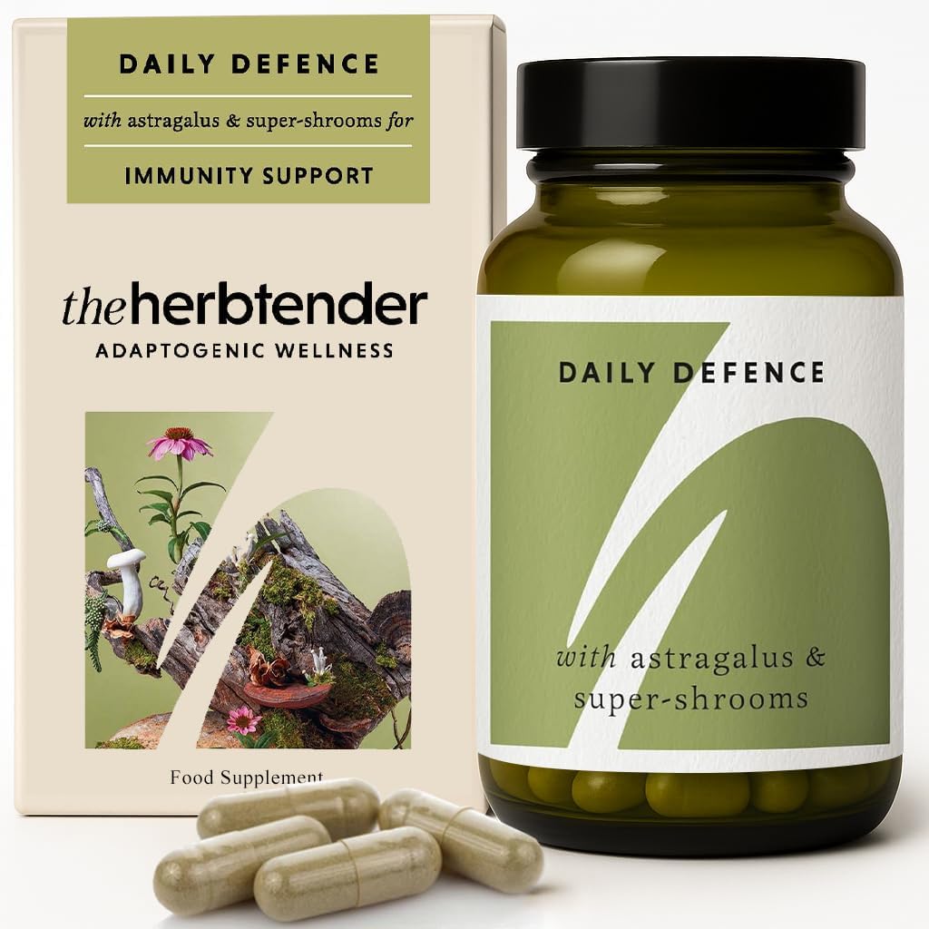 The Herbtender Daily Defence – Immune Support Supplement With Organic Reishi, Chaga, Cordyceps, Echinacea & Acerola Cherry Vitamin C, Vegan Adaptogen Blend For Respiratory Health, 60 Capsule Pouch