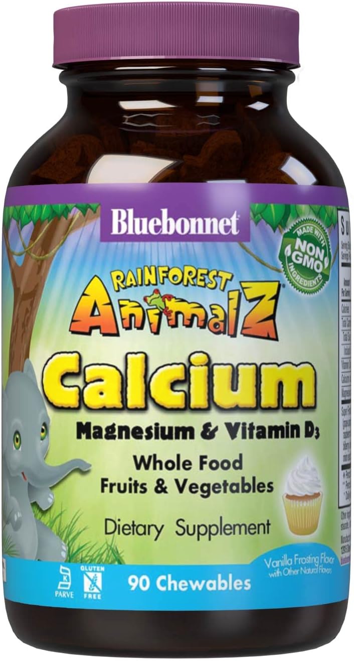Bluebonnet Super Earth Rainforest Animalz Calcium Magnesium And Vitamin D3 Chews, Natural Vanilla Frosting, White, 90 Count