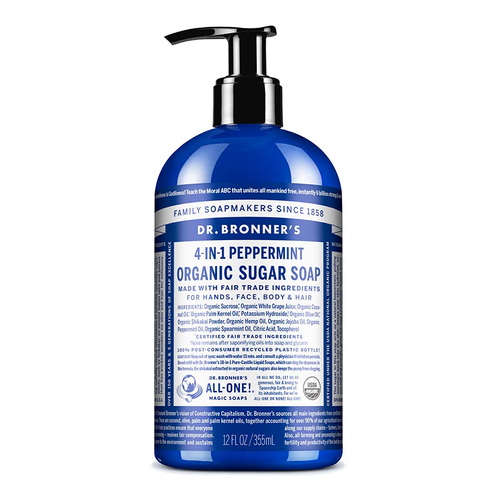 Dr. Bronner's - Organic Sugar Soap (Peppermint, 12 oz) - Made with Organic Oils, Sugar & Shikakai Powder, 4-in-1 Uses: Hands, Body, Face & Hair, Cleanses, Moisturizes & Nourishes, Vegan, Non-GMO