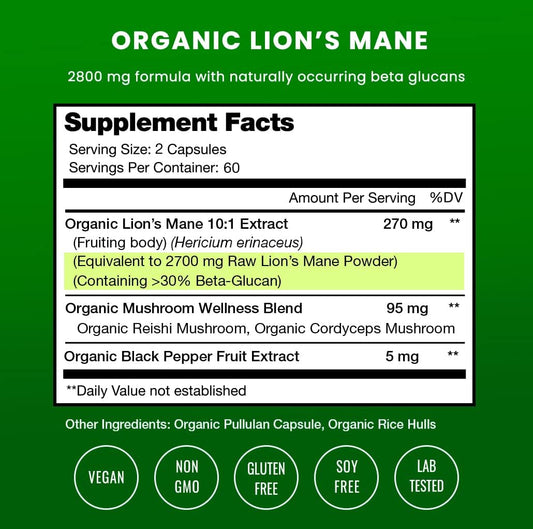 Organic Lions Mane Mushroom Supplement (2 Month Supply - 120 Count) Mental Clarity, Memory & Focus Supplement | Vegan Cordyceps & Reishi Mushroom Capsules | Supports Immune System & Brain Health