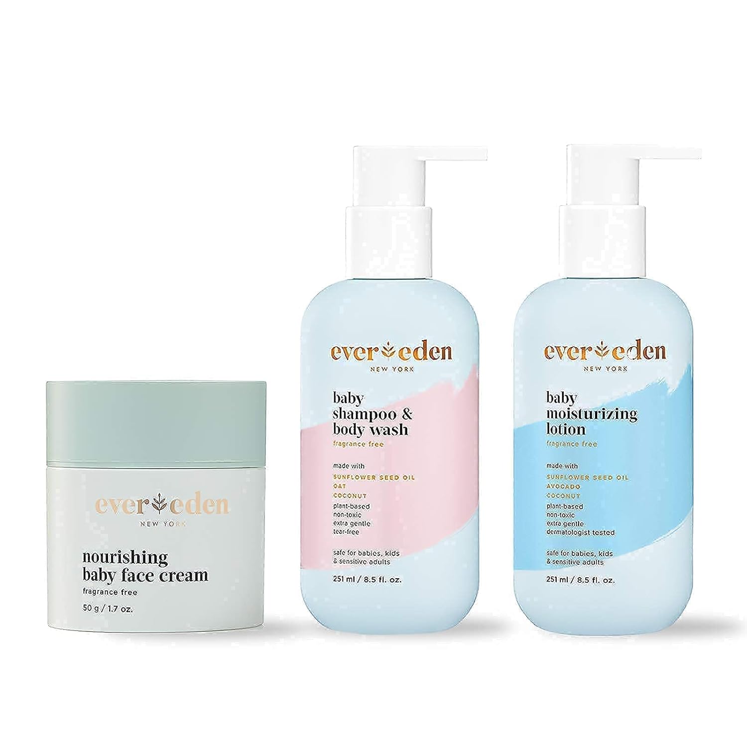 Evereden Baby Shampoo And Body Wash, 8.5 Fl Oz & Fragrance Free Baby Moisturizing Lotion, 8.5 Fl Oz & Nourishing Baby Face Cream, 1.7 Oz | 3 Item Bundle Set | Clean Baby Care