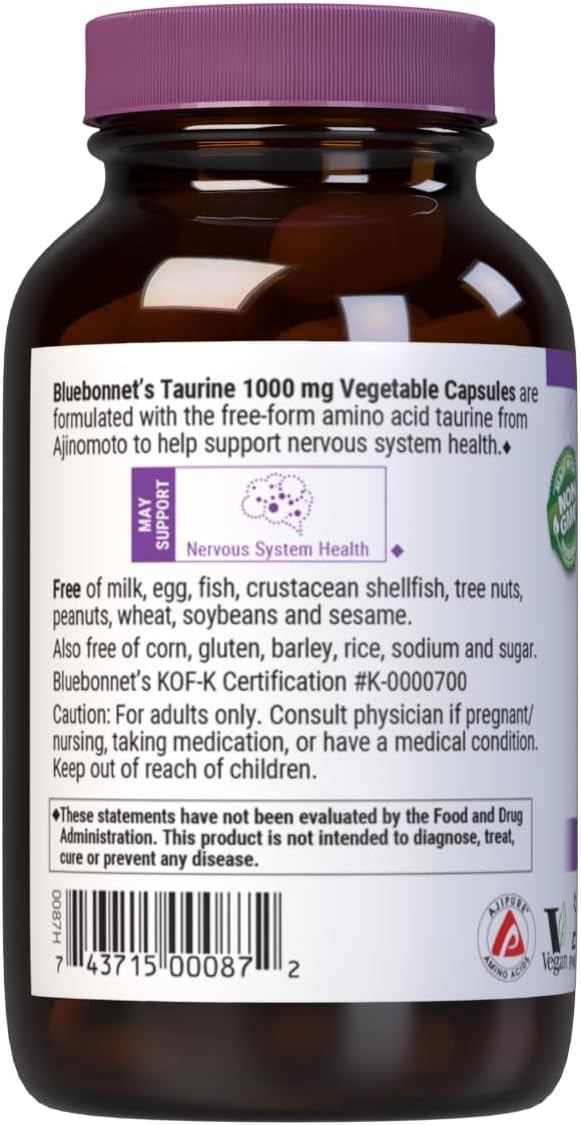 Bluebonnet Nutrition Taurine 1000Mg, Free-Form Amino Acid, For Nervous System Health, Soy-Free, Gluten-Free, Non-Gmo, Kosher Certified, Vegan, White, 50 Vegetable Capsules, 50 Servings