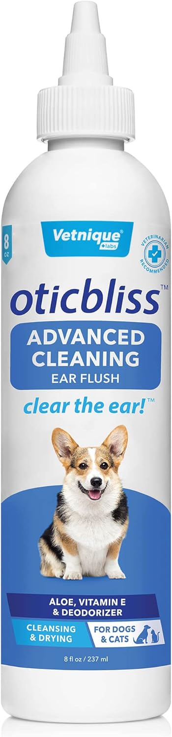 Vetnique Labs Oticbliss Ear Cleaner Wipes/Flushes for Dogs & Cats with Odor Control and Itch Relief Reduces Head Shaking - Clear The Ear