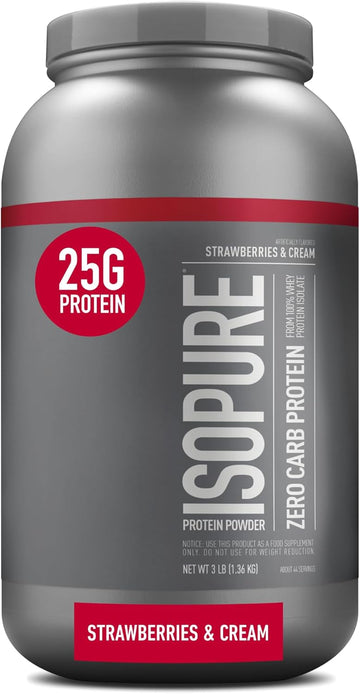 Isopure Zero Carb 100% Pure Whey Isolate Protein Powder, Lactose Free, Gluten Free, With Vitamins, Strawberries & Cream, 25G Protein Per Serving, 3 Lbs, 44 Servings