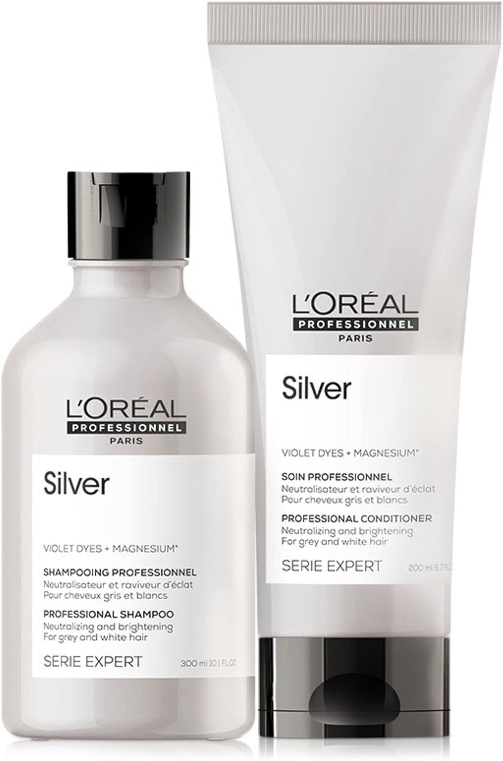 L'Oréal Professionnel Serie Expert Silver Shampoo And Conditioner Set, Neutralises Unwanted Brassy Tones, For Grey, White Or Light Blonde Hair, 300 Ml And 200 Ml