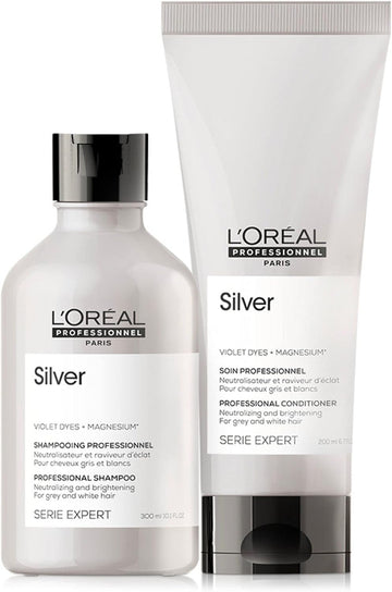 L'Oréal Professionnel Serie Expert Silver Shampoo And Conditioner Set, Neutralises Unwanted Brassy Tones, For Grey, White Or Light Blonde Hair, 300 Ml And 200 Ml