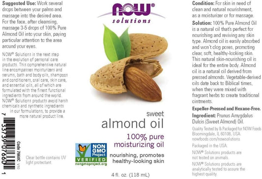 Now Foods Solutions, Sweet Almond Oil, 100% Pure Moisturizing Oil, Promotes Healthy-Looking Skin, Unscented , 4-Ounce