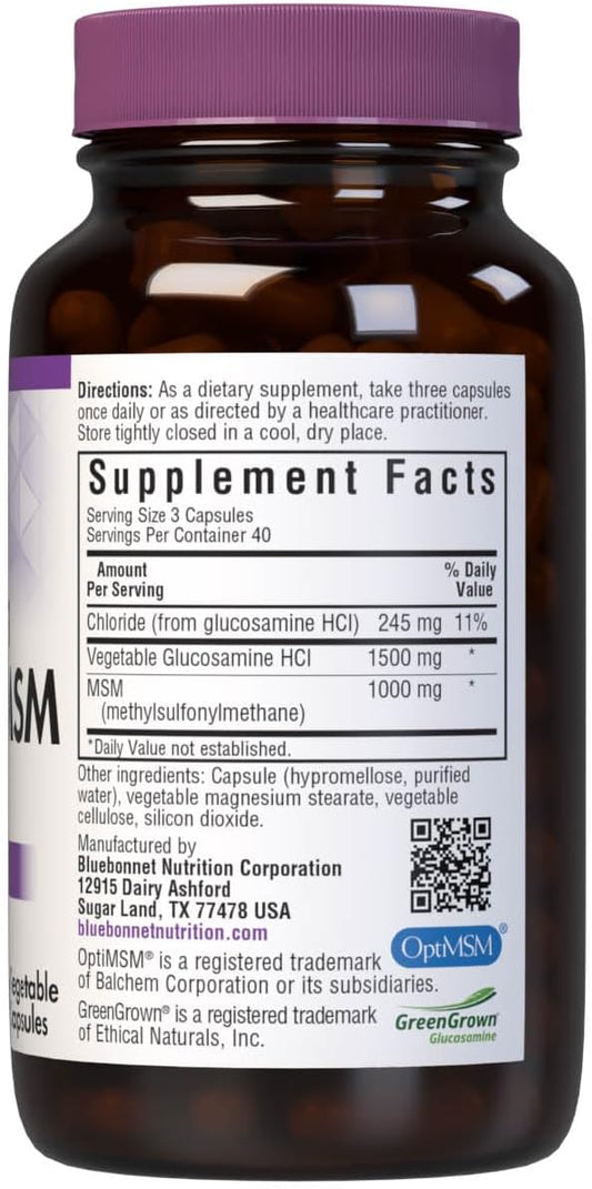 Bluebonnet Vegetarian Glucosamine With Msm Supplement - Shellfish-Free Joint Support Supplement For Women & Men - Vegetable Glucosamine Hci - Vegan, Kosher, Free Of Soy, Gluten & Dairy - 120 V Caps