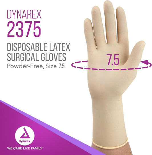 Dynarex Sterile Disposable Latex Surgical Gloves, Powder-Free, Sterilely Packaged In Pairs, Professional Medical And Healthcare Use, Veterinary Clinic, Bisque, Size 7.5, 1 Box Of 50 Pairs Of Gloves