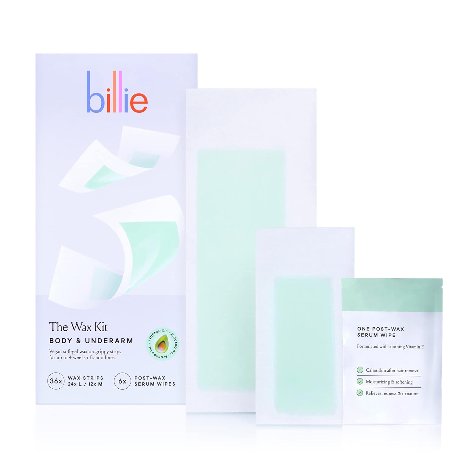 Billie Wax Kit - Body & Underarm - Easy & Convenient - No Heat - Made With Aloe & Avocado Oil - Vegan Soft-Gel - 36 Wax Strips - 6 Post-Wax Serum Wipes