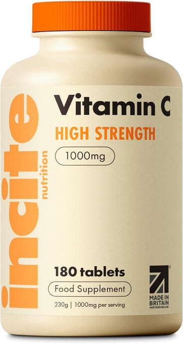 Vitamin C 1000Mg | 180 Premium Tablets (6 Month’S Supply) | High Dose Quality Ascorbic Acid | Suitable For Vegetarian & Vegans| Made In The Uk By Incite Nutrition®
