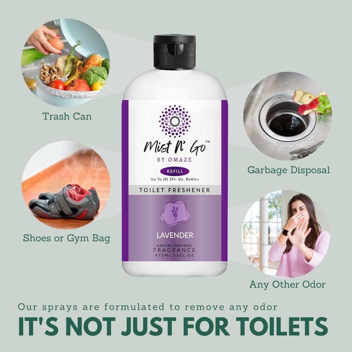 Mist N' Go by OMAZE Bathroom Odor Spray for Toilet Spray Refill Bottle - Multitasking Toilet Spray - Bathroom Spray Odor Eliminator for Strong Odors | Lavender, 16oz (2 Pack) : Home & Kitchen