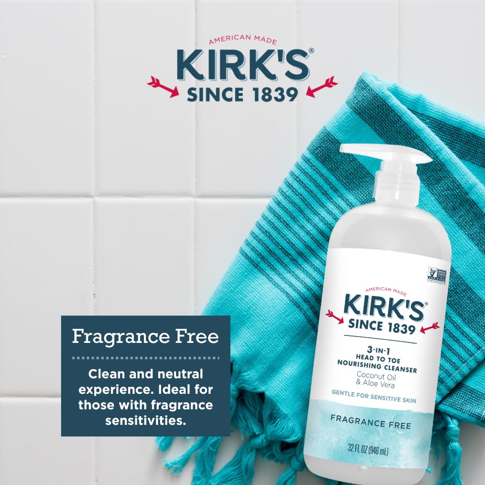 Kirk'S 3-In-1 Head To Toe Nourishing Liquid Cleanser- For Men, Women & Children - Premium Coconut Oil & Aloe Vera- Non Gmo & Vegan -Original Fresh Scent - 32 Fl Oz : Beauty & Personal Care