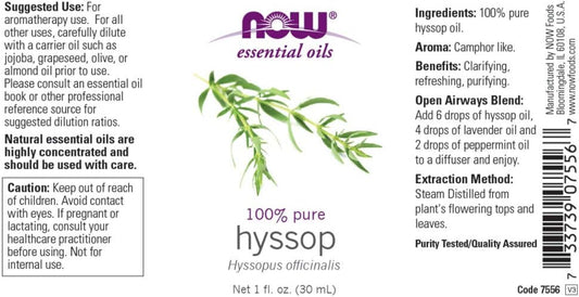 Now Essential Oils, Hyssop Oil, Purifying Aromatherapy Scent, Steam Distilled, 100% Pure, Vegan, Child Resistant Cap, 1-Ounce
