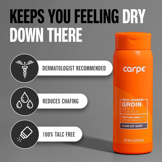 Carpe Sweat Absorbing Groin Powder (For Men) - Designed for Maximum Sweat Absorption - Mess and Friction Free, Stop Chafing