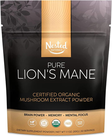Nested Naturals Pure Lions Mane, 100% Lions Mane Mushroom Extract Powder Supplement, USDA Organic, Support Brain Power, Focus, Memory, Mood, Vegan, Gluten Free (30 Servings)