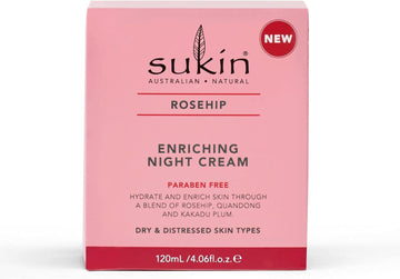 Sukin Rosehip Enriching Night Cream 120Ml - With Rosehip Oil & Vitamin C; Cruelty Free & Vegan Friendly - To Hydrate And Improve Skin Radiance, For Dehydrated & Mature Skin