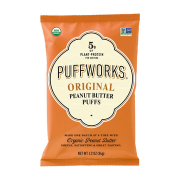 Puffworks Original Organic Peanut Butter Puffs, 1.2 Ounce (Pack of 6), Plant-Based Protein Snack, Gluten- and Rice-Free, Vegan, Kosher