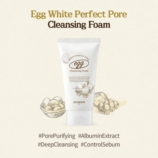 SKINFOOD Egg Perfect Pore Cleansing Foam 150ml - Egg Yolk, Albumin Contained Pore Refining Facial Foam Cleanser - Removes Impurities from Pores (5.07 fl.oz.)