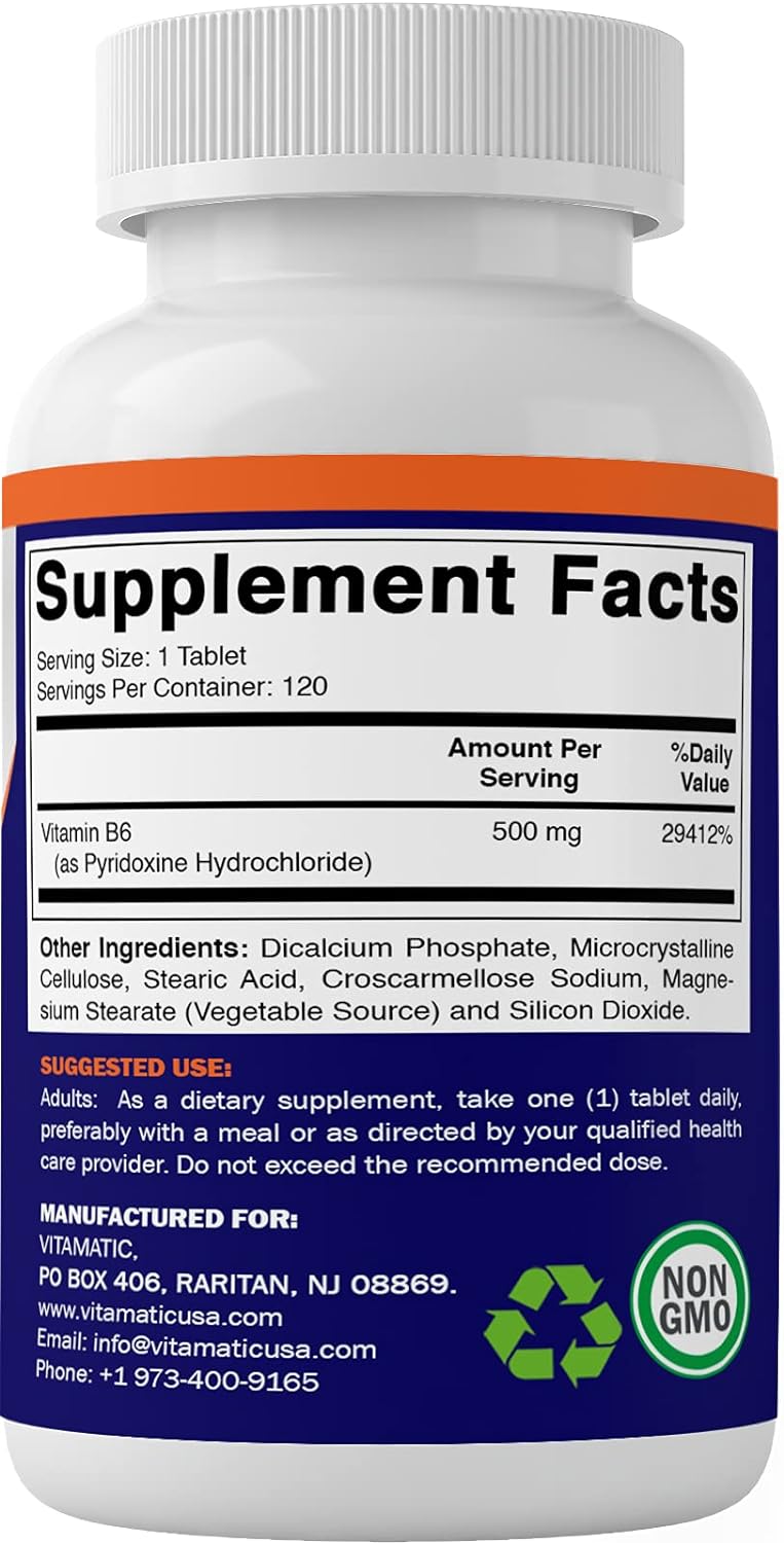 Vitamatic Vitamin B6 (Pyridoxine HCI), 500 mg 120 Vegetarian Tablets - Promotes Energy Production, boosts Metabolism and Immune Health Support : Health & Household