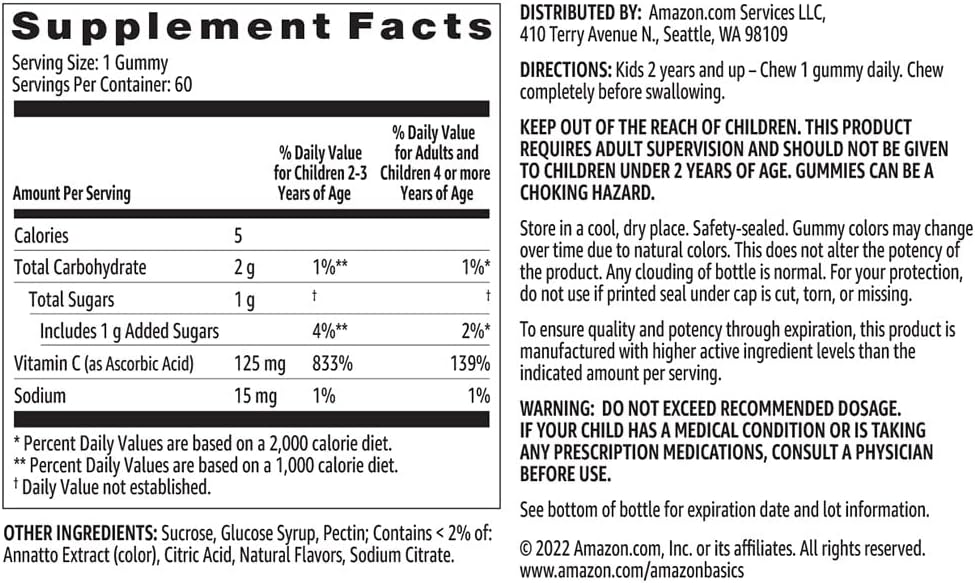 Amazon Basics Kids' Vitamin C 125mg Gummies, Orange, 60 Count, Immune Health, 2 Month Supply (Previously Solimo) : Health & Household