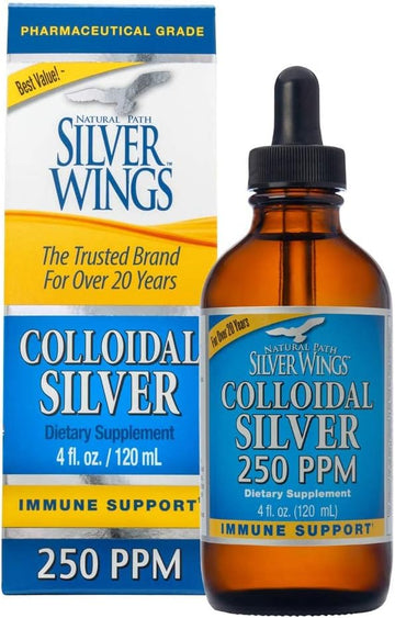 Natural Path Silver Wings Colloidal Silver Liquid - Natural Dietary Supplement for Immune Support - High Strength, Pure Amber Colored Formula - 250ppm (1250mcg) - 4oz Dropper