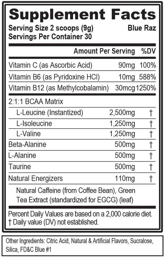 EVL BCAAs Amino Acids Powder - BCAA Energy Pre Workout Powder for Muscle Recovery Lean Growth and Endurance - Rehydrating BCAA Powder Post Workout Recovery Drink with Natural Caffeine - Blue Raz