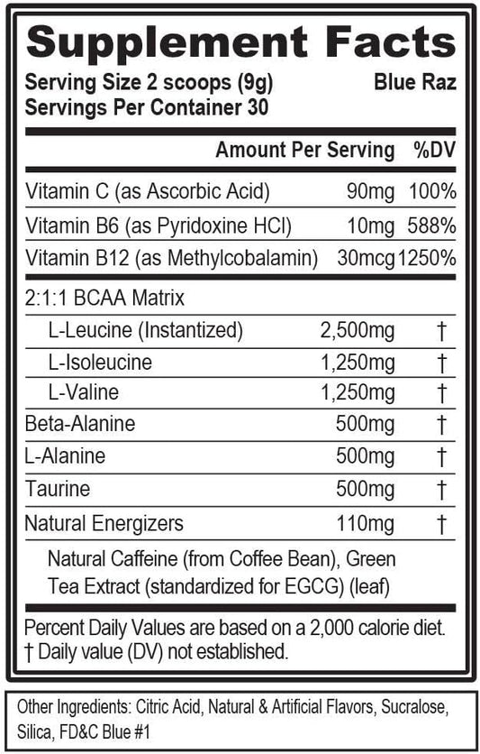 Evl Bcaas Amino Acids Powder - Bcaa Energy Pre Workout Powder For Muscle Recovery Lean Growth And Endurance - Rehydrating Bcaa Powder Post Workout Recovery Drink With Natural Caffeine - Blue Raz