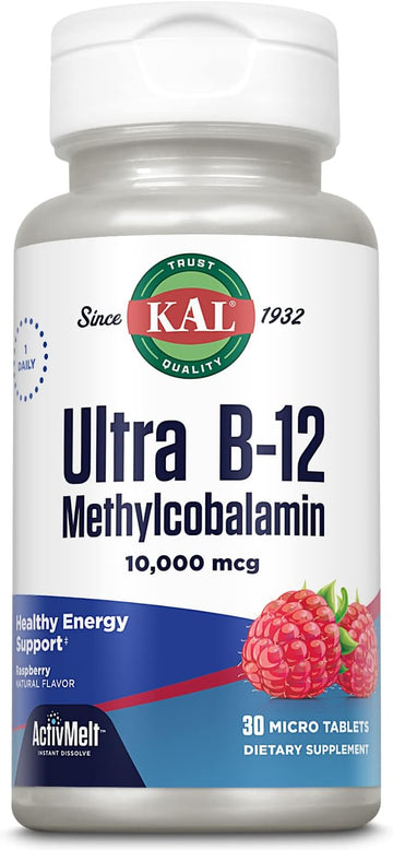 KAL Ultra B12 Methylcobalamin 10,000mcg, High Potency Vitamin B-12 for Healthy Energy, Metabolism, Nerve, Red Blood Cell Support,* Natural Raspberry Flavor, Vegetarian, 30 Micro Tablets, 30 Servings