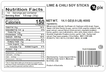 Yupik Soya Sticks, Lime & Chili Flavored, 14.1 Oz, Gmo-Free Snack, Crunchy Zesty Snack, Crispy Soya Crackers, Made From Soy Beans, Natural Flavors, Perfect For Any Occasion
