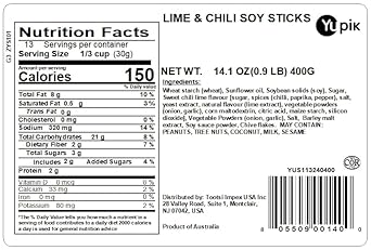 Yupik Soya Sticks, Lime & Chili Flavored, 14.1 Oz, Gmo-Free Snack, Crunchy Zesty Snack, Crispy Soya Crackers, Made From Soy Beans, Natural Flavors, Perfect For Any Occasion