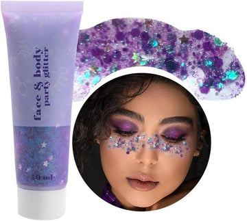Beliky Girl Body Glitter Gel, 50Ml Face Glitters Body Gel Sequins Shimmer Liquid Eyeshadow, Mermaid Sequins Liquid Holographic Glitter Gel, Chunky Glitter For Face Hair Nails (Purple)
