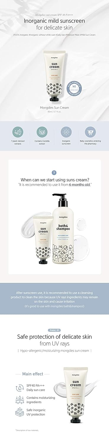 Mongdies Baby Sun Cream Spf30 Pa+++ -100% Safe Moist And Gentle Non-Sticky No White Cast Light-Weight Inorganic Sunscreen, Ewg Green, Plant-Derived Extracts And Plenty Of Deep Ocean Water- 60Ml