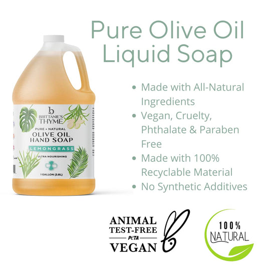 Brittanie'S Pure Organic Castile Liquid Olive Oil Soap Refill, Lemongrass, 1 Gallon | Face, Body Wash, Dishes, Pets & Laundry | Vegan & Gluten Free Non-Gmo