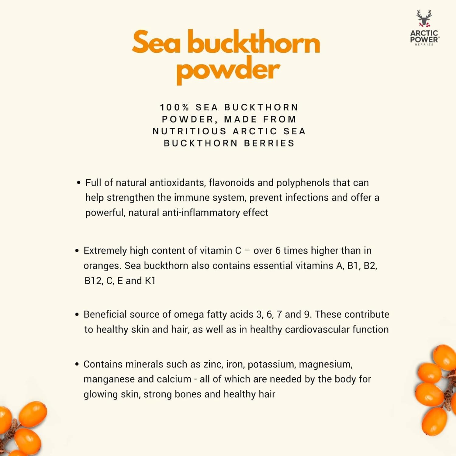 Arctic Power Berries 100% Sea Buckthorn powder 70g, Nutrient rich Nordic berries, All Natural, Delicious nutrient boost for breakfast bowls, smoothies, porridge, yogurt - Vegan, No added sugar : Amazon.co.uk: Grocery