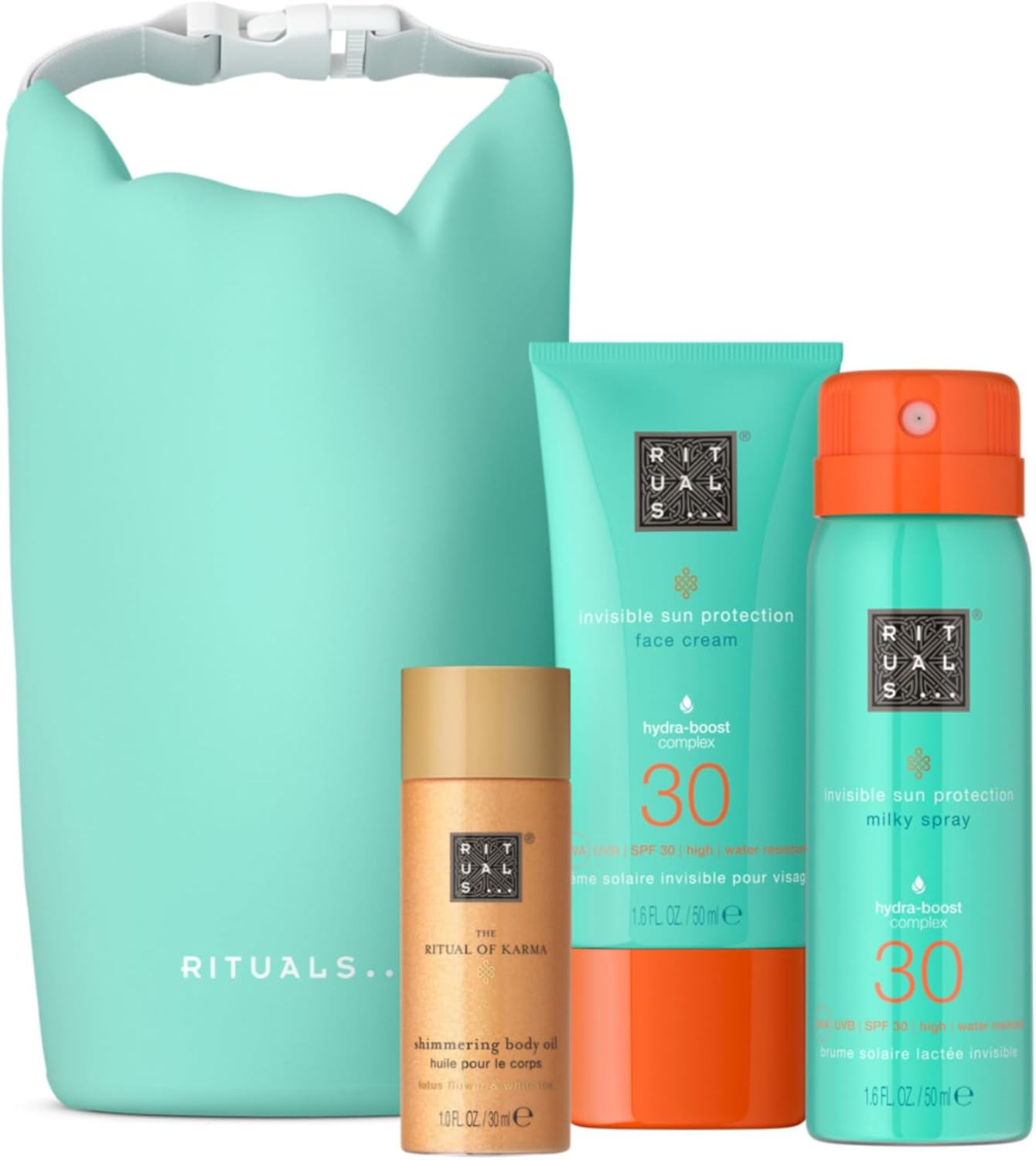 Rituals The Ritual Of Karma, Summer Trio - Lotion Spf30, Face Cream Spf30, And Illuminating Oil, Sun Protective Skincare Gift Set Made With White Tea And Lotus Flower