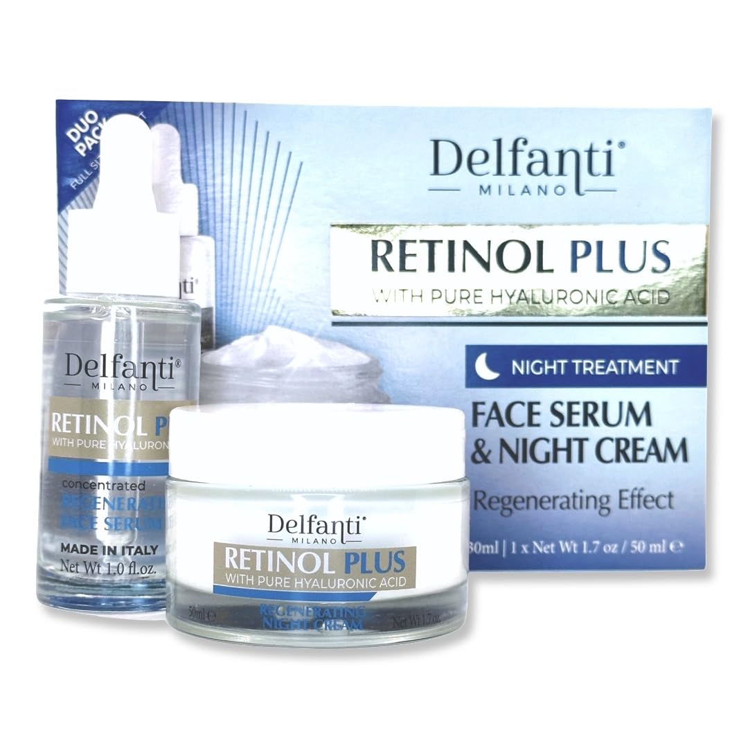 Delfanti Milano • Retinol Plus With Pure Hyaluronic Acid • Full Sized Night Treatment Duo Pack Concentrated Regenerating Serum And Night Cream For Face And Neck • Made In Italy