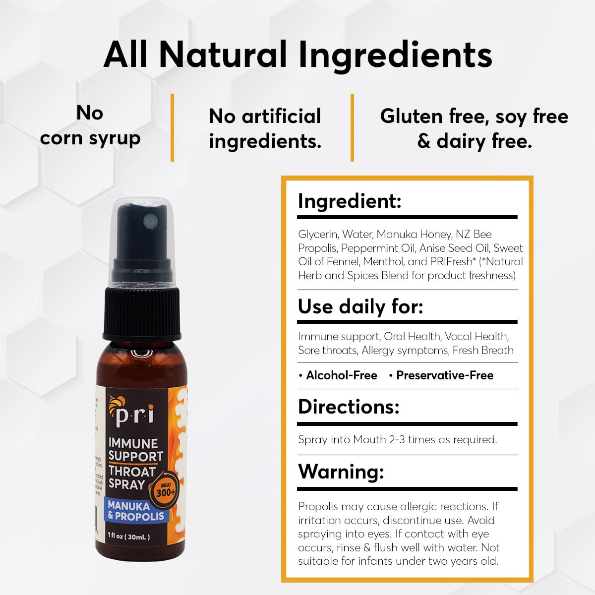 P.R.I Propolis Throat Spray With Manuka Honey, Sore Throat & Immune Support, Fresh Peppermint Taste, 1Oz : Health & Household