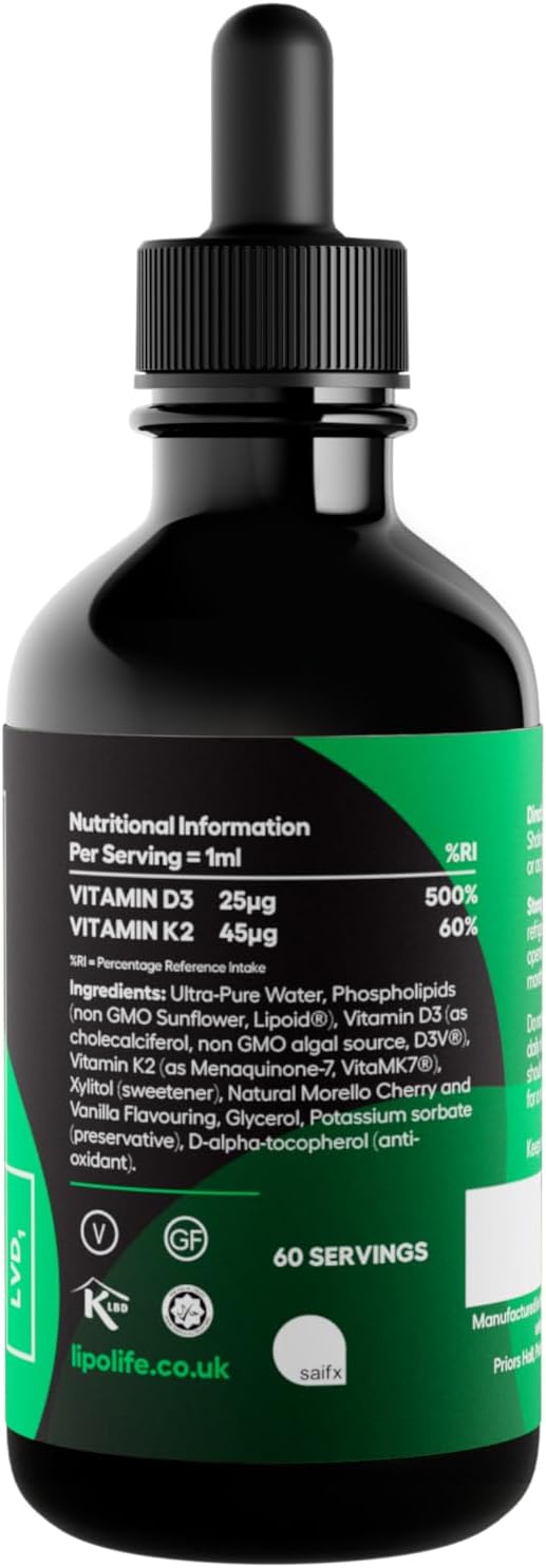 Liposomal Vegan Vitamin D3 And Vitamin K2 Liquid - Cherry & Vanilla Flavour. Advanced Nutrient Absorption. Made In The Uk. 60 Servings. Lipolife Lvd1
