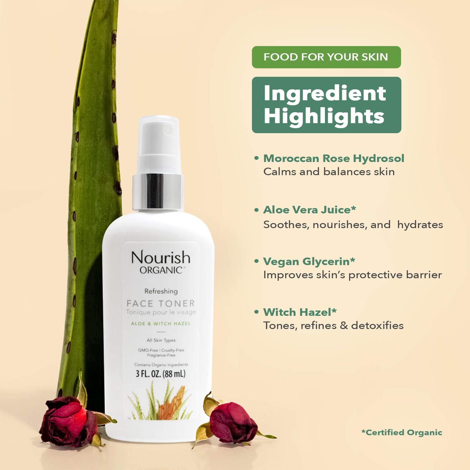 Nourish Organic Face Toner Spray – Alcohol-Free Formula With Witch Hazel, Aloe Vera & Moroccan Rose Flower Extract, 3 Oz + Washable Cotton Round : Beauty & Personal Care