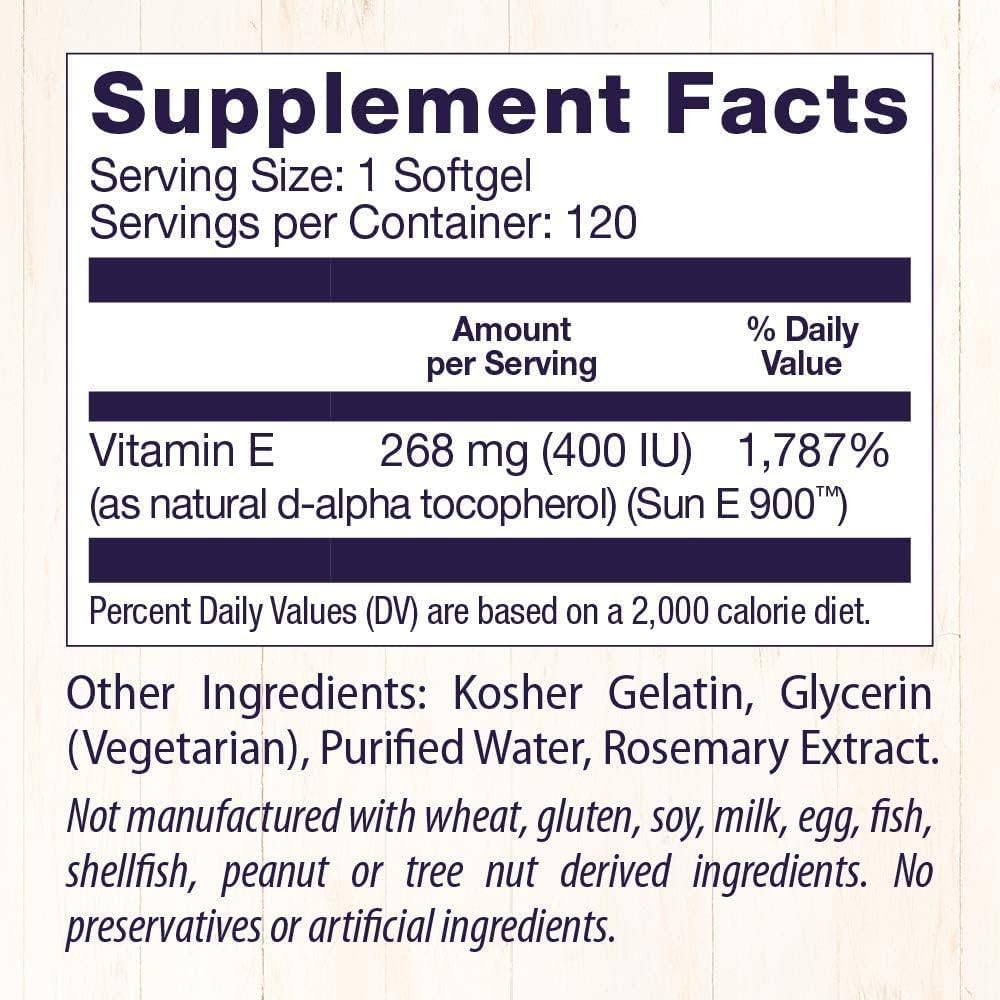 Healthy Origins Vitamin E, 400 IU Sunflower (Sun E 900) - Vitamin E Supplement - Hair, Skin & Nails Vitamins - Non-GMO & Gluten-Free Supplement - 120 Softgels : Health & Household