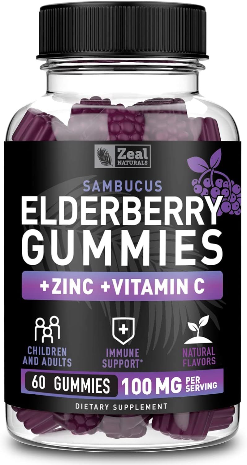 Zeal Naturals Sambucus Elderberry Gummies + Zinc + Vitamin C - Daily Supplement For Children & Adults - Easy To Chew Vitamin Gummies - 100 Mg Max Serving Of Elderberry - 60 Count