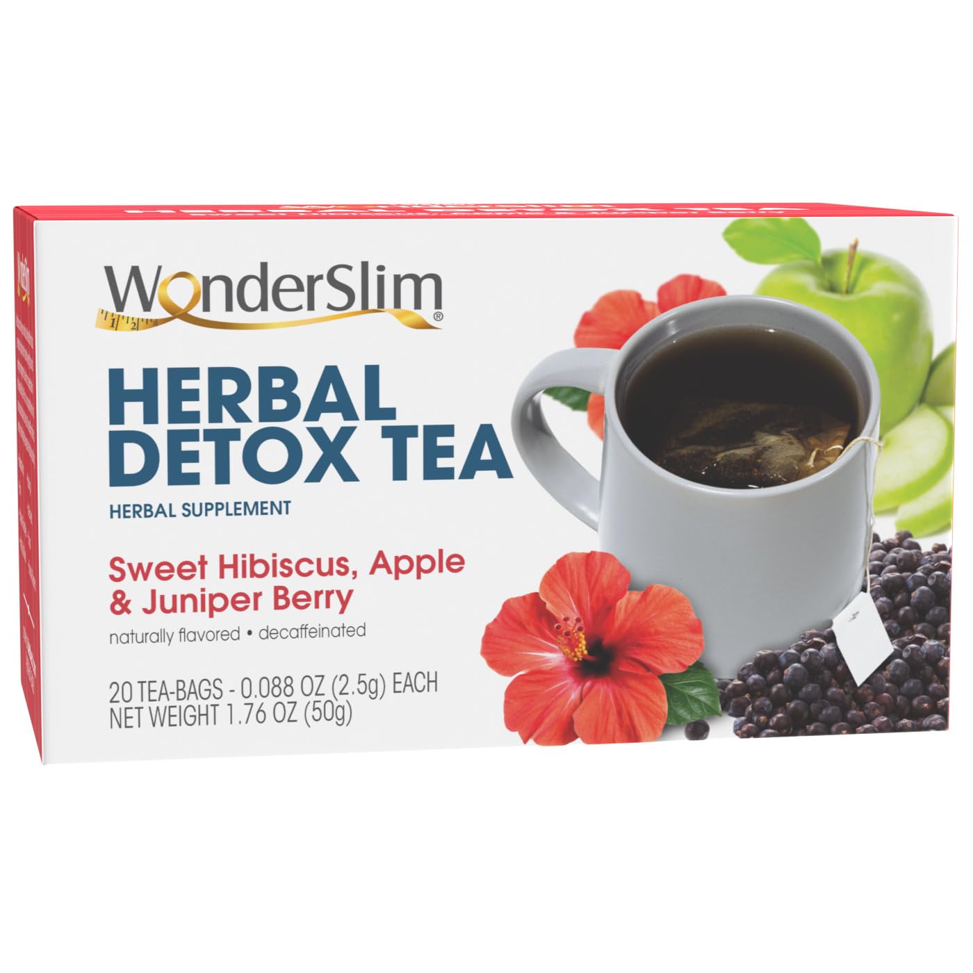 Wonderslim Herbal Detox Tea, Sweet Hibiscus, Apple & Berry, All Natural, Caffeine Free (20Ct)