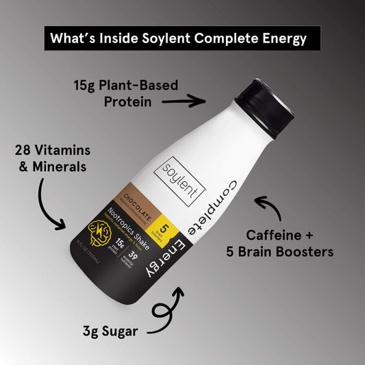 Soylent Complete Energy, 15G Complete Protein, 15 Brain Boosting Nutrients, 100Mg Caffiene + L-Theanine, 15% Vitamins And Minerals, 11 Oz (12 Pack)