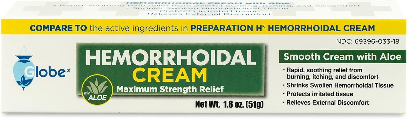 Globe (2 Pack) Hemorrhoid Cream, Relief with Aloe, (1.8 Ounce Tube) Relief from Hemorrhoids, Piles, Itching, Burning, Discomfort, & More : Health & Household