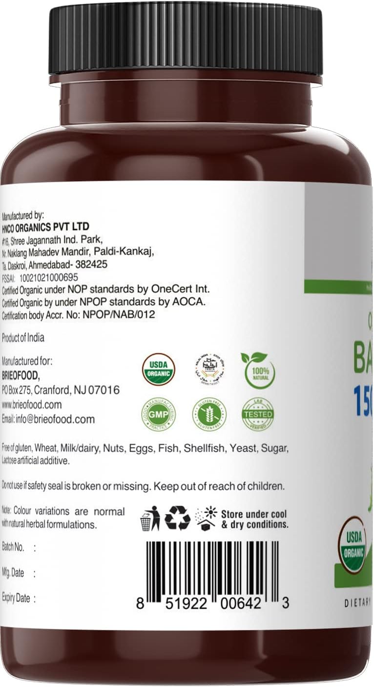 Brieofood Organic Bacopa 1500Mg, 45 Servings, Vegetarian, Gluten Free, 90 Vegetarian Tablets… : Health & Household