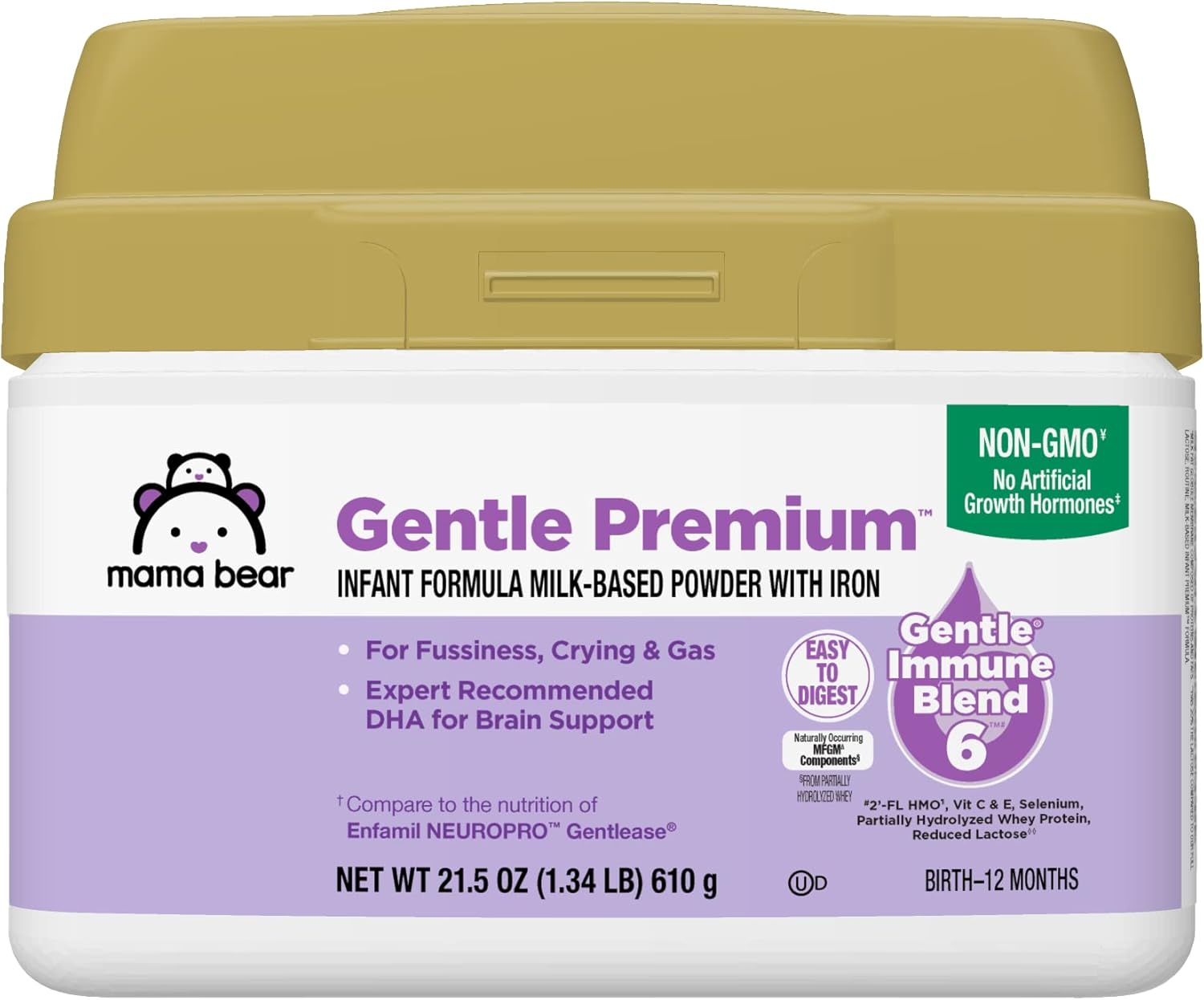 Amazon Brand - Mama Bear Gentle Premium Baby Formula Powder, Dha For Brain Support, Gentle Immune Blend 6, 2'Fl Hmo, For Fusiness, Crying & Gas, 21.5 Oz, 1.34 Pound (Pack Of 1)